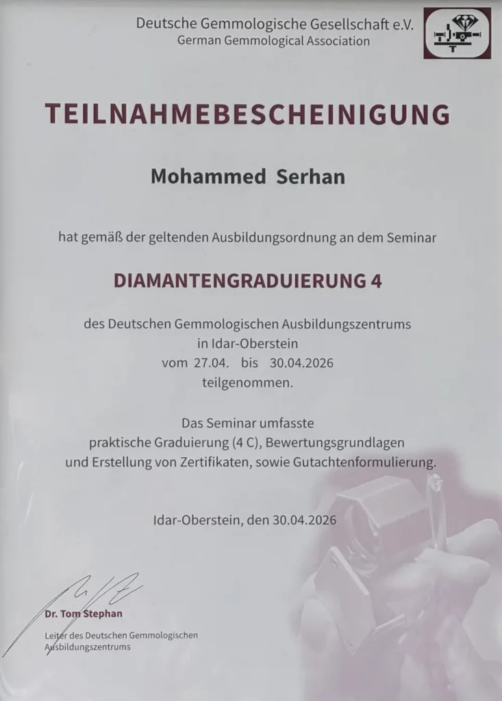 Erfolgreicher Abschluss des Bildungsgangs Diamantenkunde