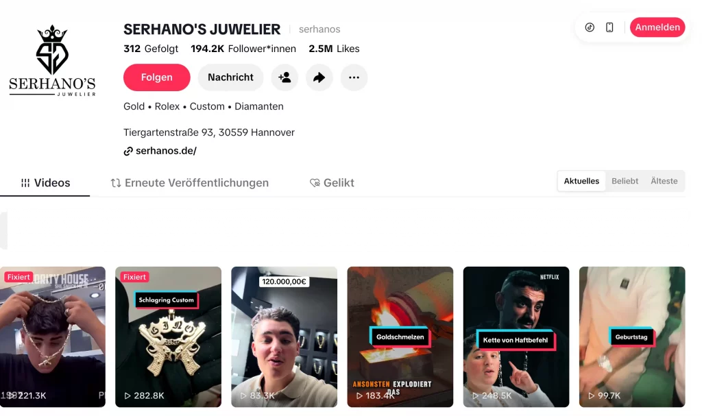 Serhano’s Juwelier. Der Reichweitenstärkste Juwelier Deutschlands. Über 200.000 TikTok-Follower