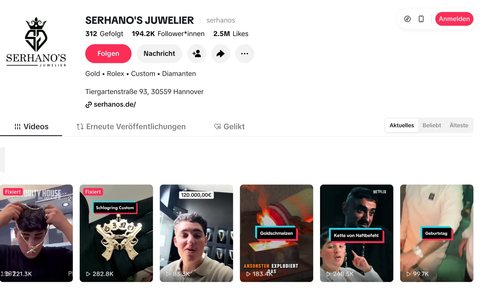 Serhano’s Juwelier. Der Reichweitenstärkste Juwelier Deutschlands. Über 200.000 TikTok-Follower