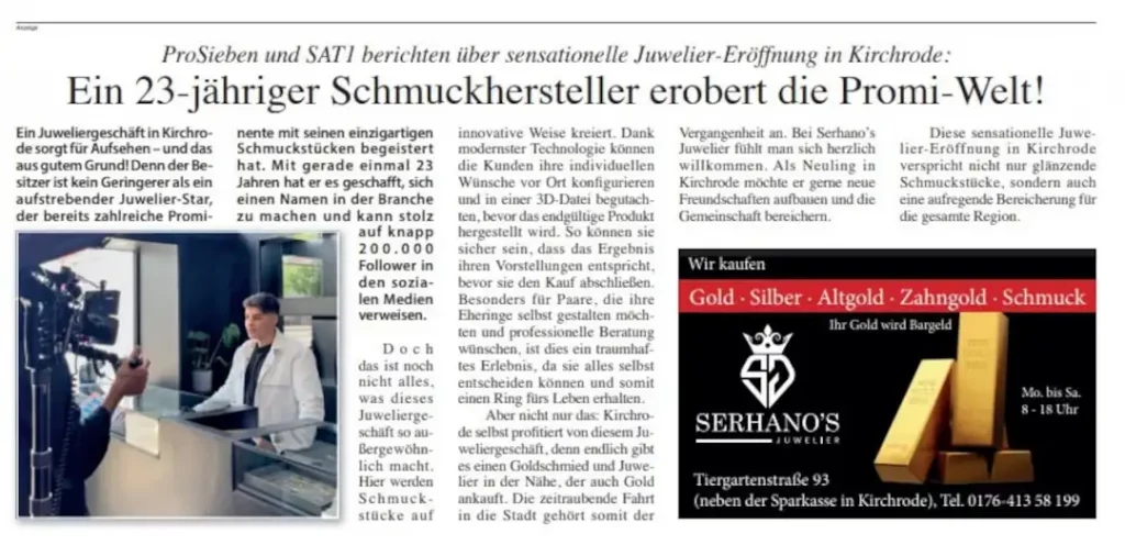 Zeitung: Kronsberg Nachrichten. „Ein 23-jähriger Schmuckhersteller erobert die Promi-Welt!