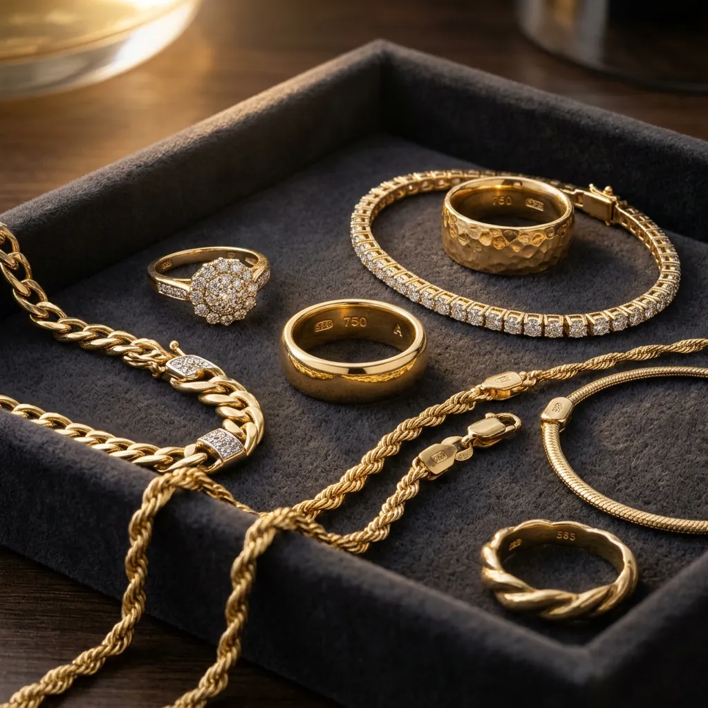 Goldschmuck Ankauf Hannover – Ringe, Ketten und Armbänder aus Gold auf Samttablett